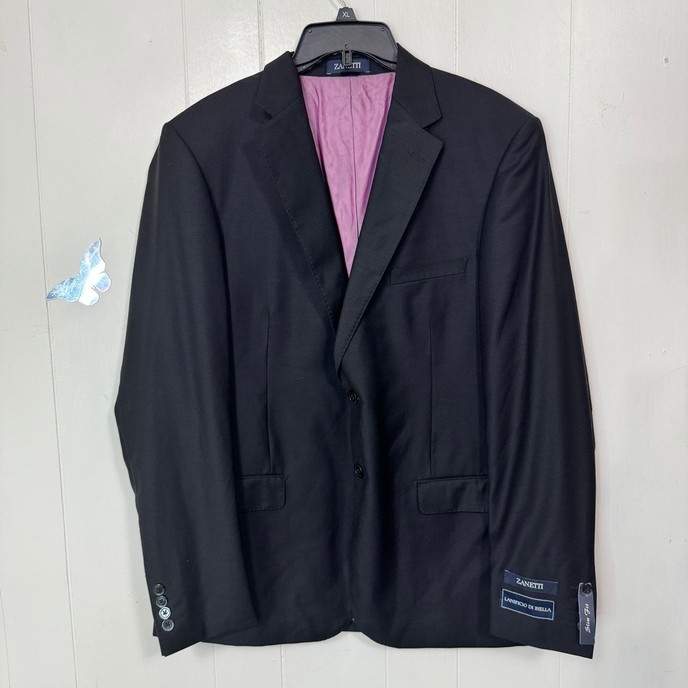 Zanetti Lanificio di Biella Porto Suit Black Pure Wool Slim Fit Blazer 48R